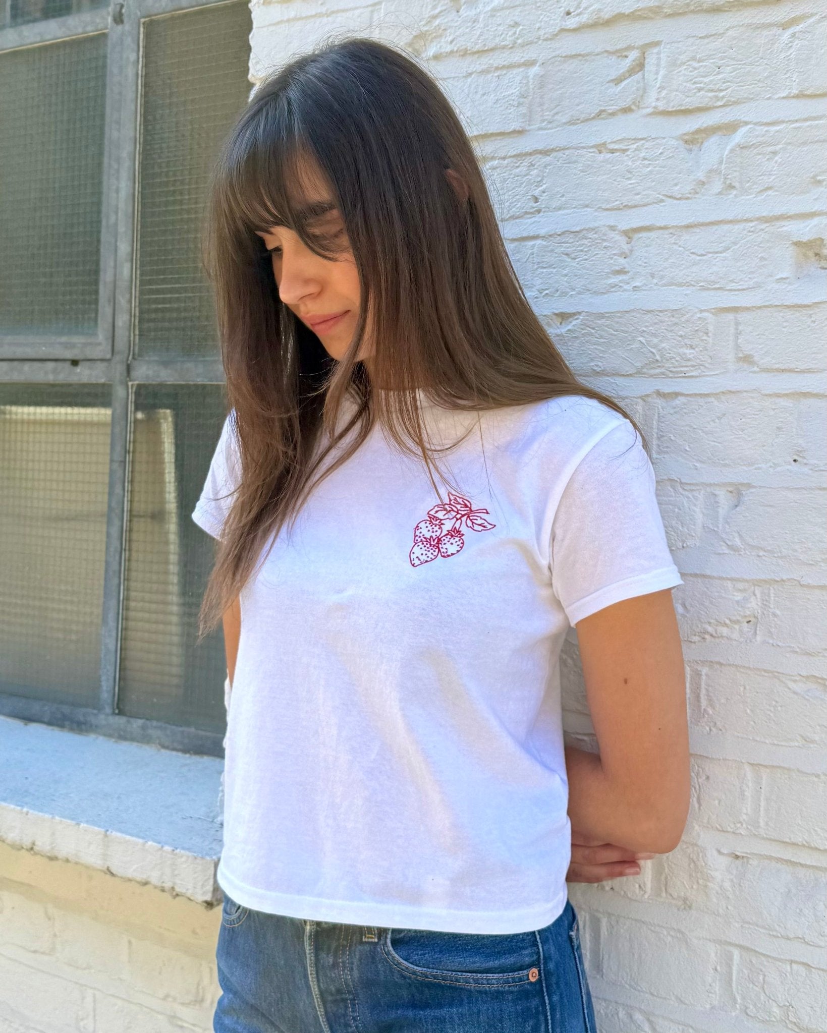 strawberry embroidered baby tee
