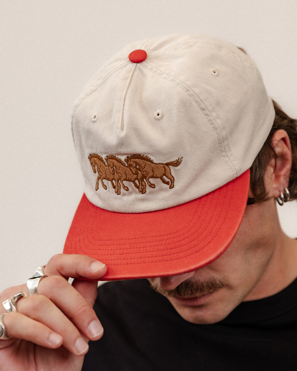 Bronco 5 Panel Cap - Ecru & Red 3 Bronco 5 Panel Cap - Ecru & Red