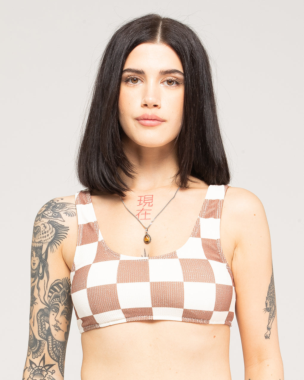 Checkerboard Bikini Top - Off White / Brown