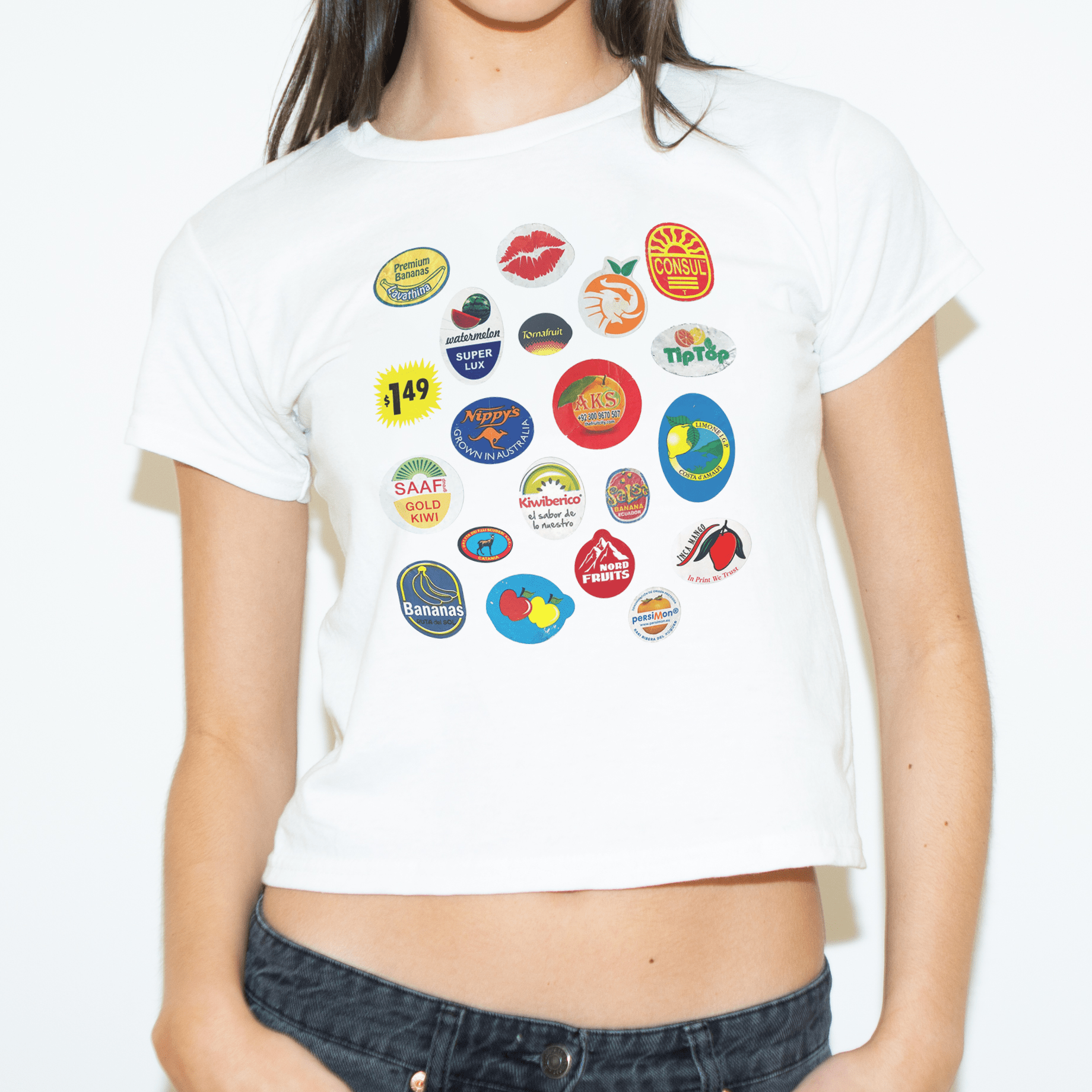 fruit stickers baby tee 3 fruit stickers baby tee